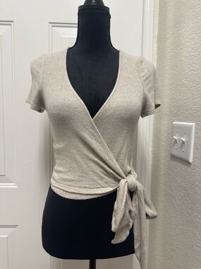 Project Social T Ribbed Wrap Short Sleeve Top in Light Beige